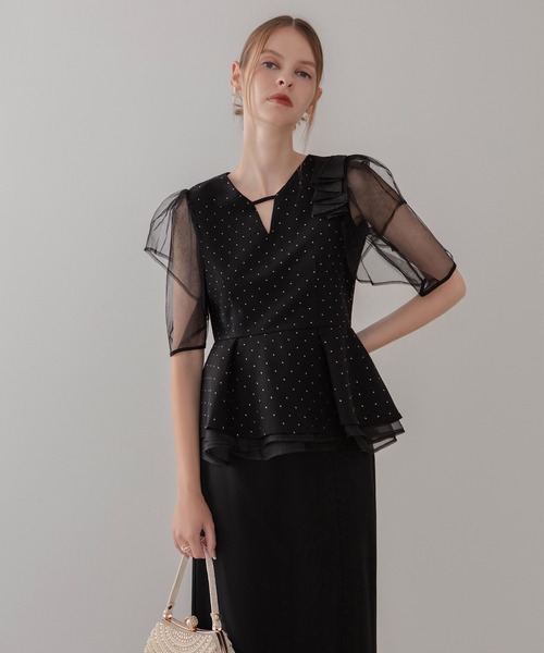 ドットストーンチュールペプラムセパレートIラインドレス結婚式二次会パーティー セール】【LEJA】ドットストーンチュールペプラムセパレートIライン