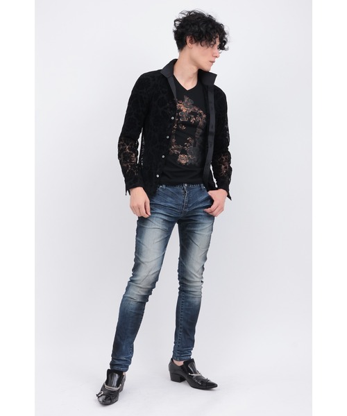 シャツ ストレッチレースフロッキーボタニカルシャツ メンズの画像