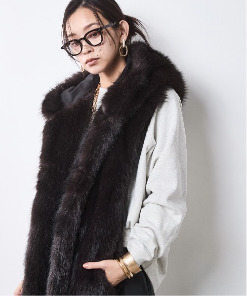 【美品】カシミヤ混　フーディ ファーストール CHIC STYLE（シックスタイル） マフラー ストール フェイクファー