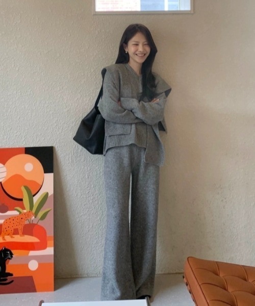 セットアップ ニットトップス+ショール+ワイドパンツ3枚セット レディース