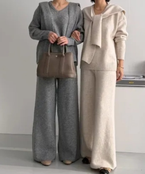 セットアップ ニットトップス+ショール+ワイドパンツ3枚セット レディース