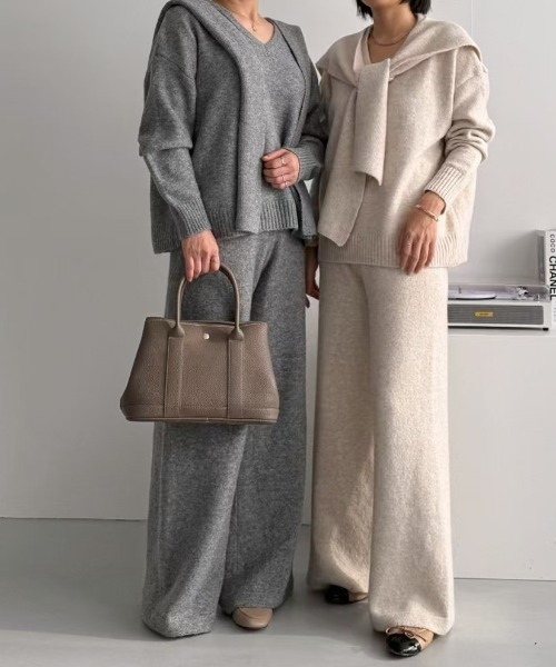 セットアップ ニットトップス+ショール+ワイドパンツ3枚セット レディース