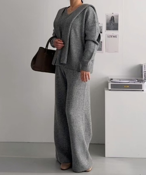 セットアップ ニットトップス+ショール+ワイドパンツ3枚セット レディース