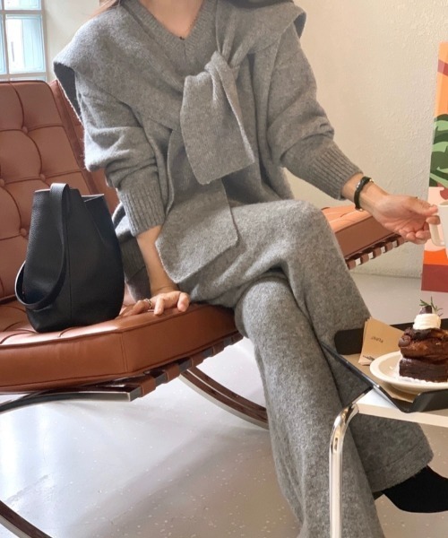 セットアップ ニットトップス+ショール+ワイドパンツ3枚セット レディース