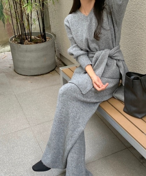 セットアップ ニットトップス+ショール+ワイドパンツ3枚セット レディース