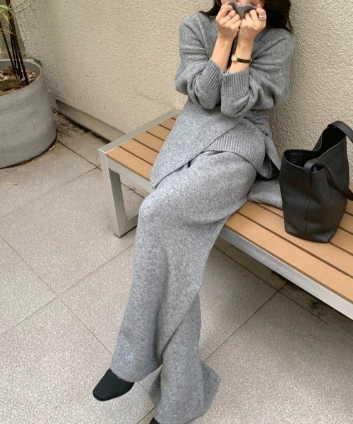 セットアップ ニットトップス+ショール+ワイドパンツ3枚セット レディース