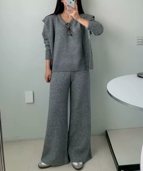 セットアップ ニットトップス+ショール+ワイドパンツ3枚セット レディース