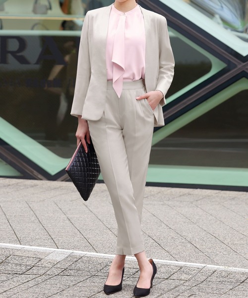 「Flolia」 ノーカラージャケット M チャコールグレー レディース_画像3