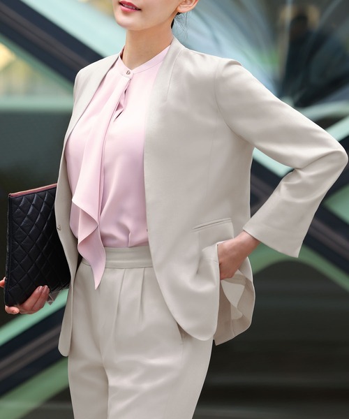 「Flolia」 ノーカラージャケット M チャコールグレー レディース_画像5