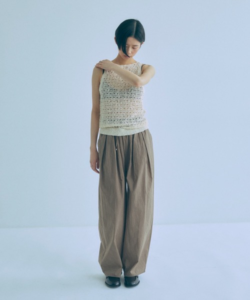 ワイドパンツ パンツ Airy Check Tuck Easy-Pants レディースの画像