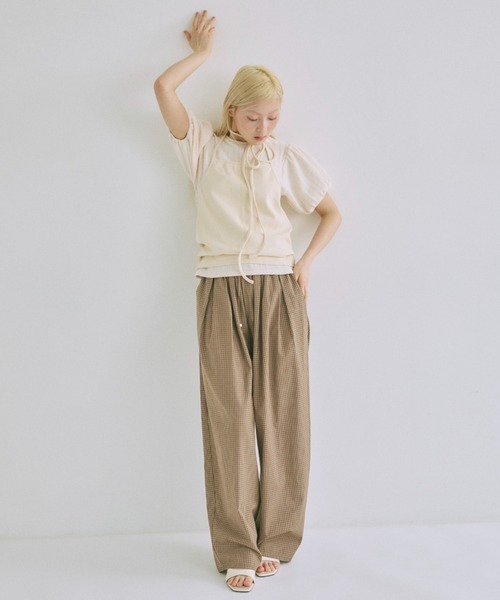 ワイドパンツ パンツ Airy Check Tuck Easy-Pants レディースの画像