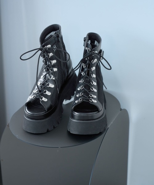 【美品】HARE メッシュ レースアップ 厚底 サンダル ブーツ ブラック M HARE（ハレ） 厚底 サンダル サイドベルトメッシュレースアップ