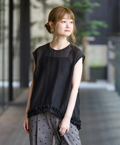ブラウス シャツ 「WEB限定」手洗い可 / ラウンドフリルスリーブレスブラウス レディースの画像