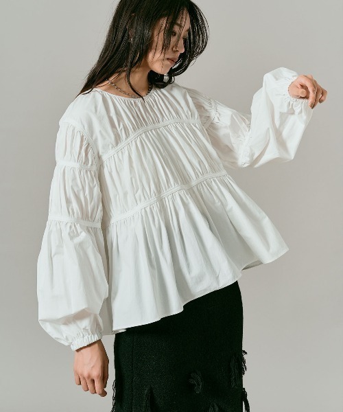 W：Huku ブラウス シャツ タイプライター 切り替え シャーリング