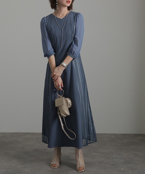 atlo ミモレ丈＆七分袖結婚式フォーマルオケージョンドレス M atlo ドレス 七分袖＆ミモレ丈 パーティードレス フリルカラー