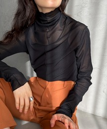 feepur tシャツ アウトリンキングシアーハイネックトップス レディース 