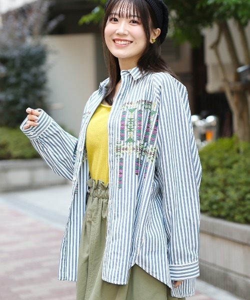 ブラウス シャツ インディゴストライプ刺繍シャツ レディース チチカカ ブラウス シャツ インディゴストライプ刺繍シャツ