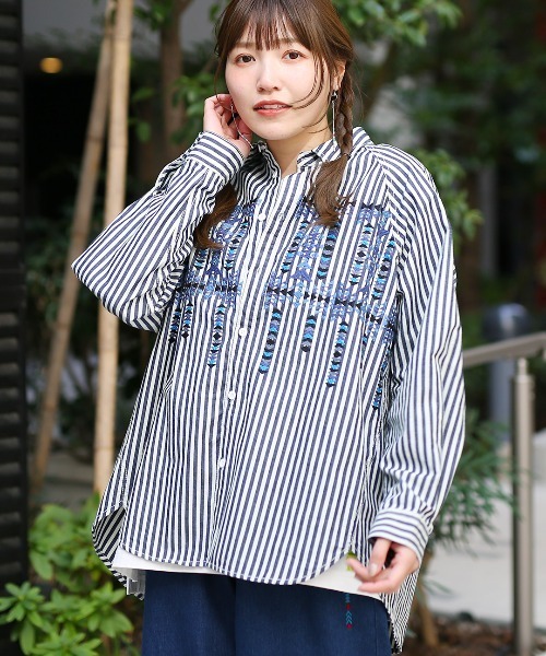 ブラウス シャツ インディゴストライプ刺繍シャツ レディース チチカカ ブラウス シャツ インディゴストライプ刺繍シャツ