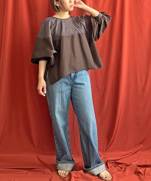 LHELBIE ブラウス シャツ ジャガード切替2WAYブラウス