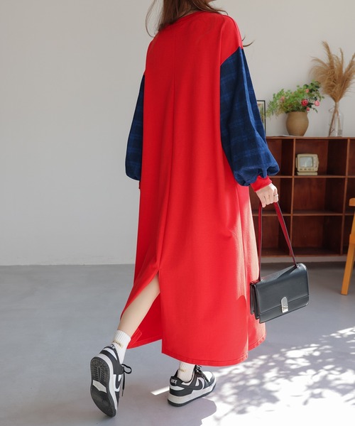 パフスリーブスウェットワンピース ワンピース キルティングパフスリーブオーバーサイズロゴスウェット