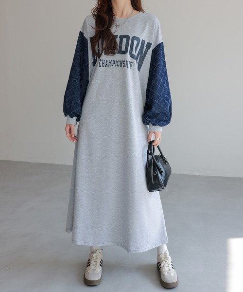 ワンピース キルティングパフスリーブオーバーサイズロゴスウェット