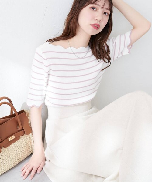 ニット セーター 袖口配色スカラップ強撚ニット（５分袖） レディース | natural couture | 05