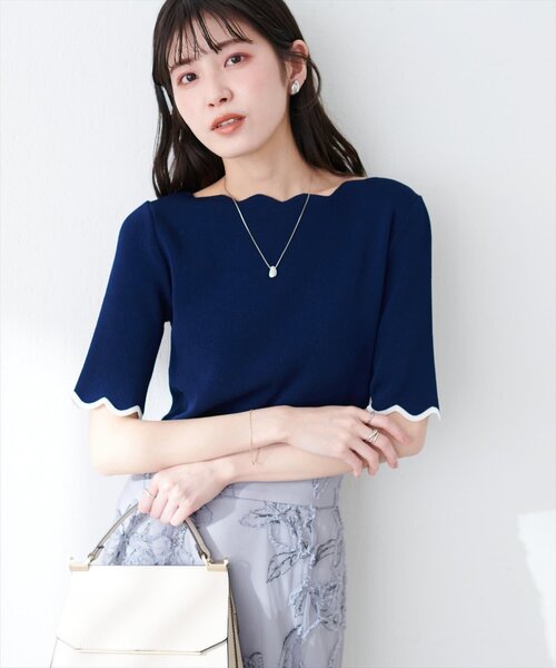 ニット セーター 袖口配色スカラップ強撚ニット（５分袖） レディース | natural couture