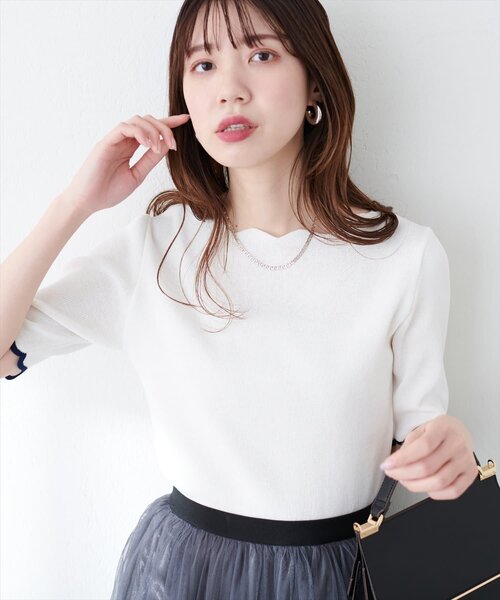 ニット セーター 袖口配色スカラップ強撚ニット（５分袖） レディース | natural couture | 07