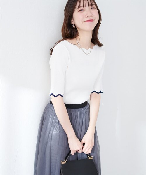 ニット セーター 袖口配色スカラップ強撚ニット（５分袖） レディース | natural couture | 08