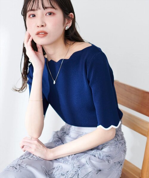 ニット セーター 袖口配色スカラップ強撚ニット（５分袖） レディース | natural couture | 18