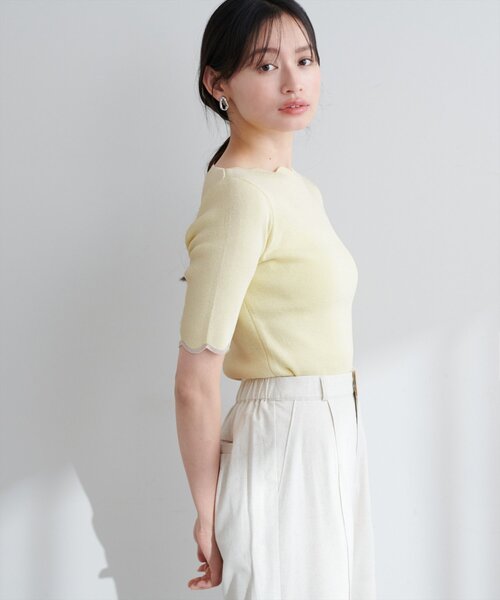 ニット セーター 袖口配色スカラップ強撚ニット（５分袖） レディース | natural couture | 24