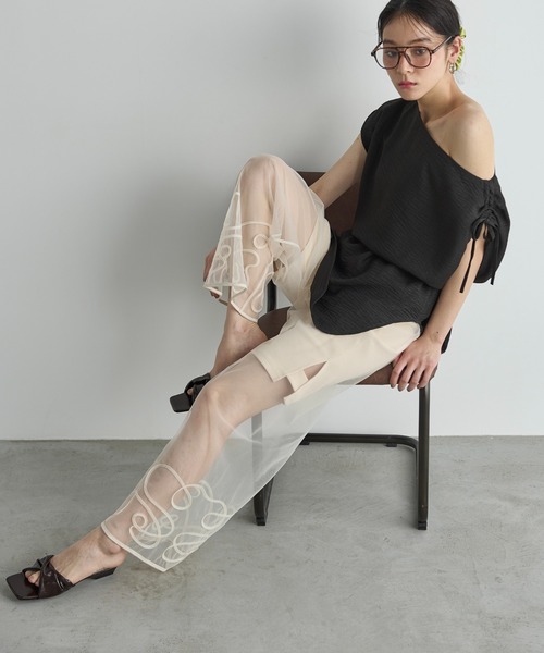 THE Yon パンツ コード刺繍ヘムチュールイージーパンツ レディース