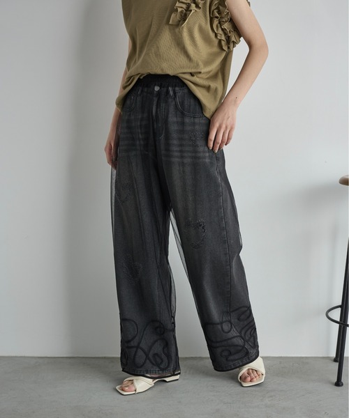 THE Yon パンツ コード刺繍ヘムチュールイージーパンツ レディース