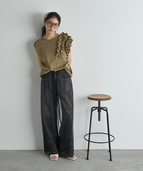 THE Yon パンツ コード刺繍ヘムチュールイージーパンツ レディース