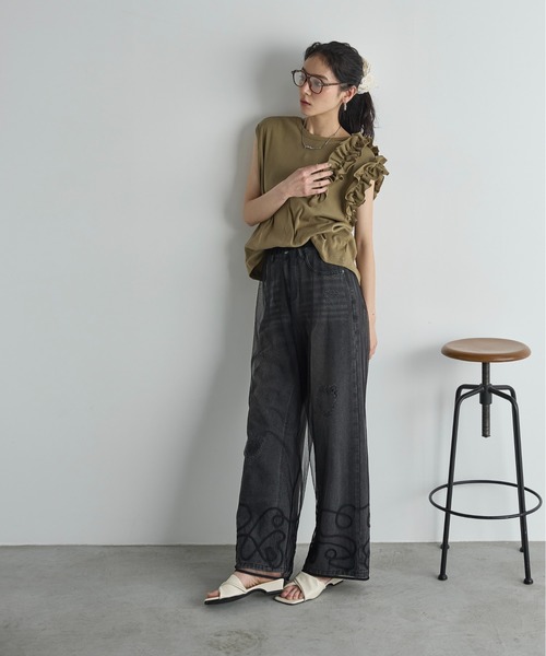 THE Yon パンツ コード刺繍ヘムチュールイージーパンツ レディース