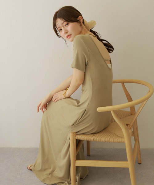 ワンピース back strap tuck flare long dress /バックストラップ 