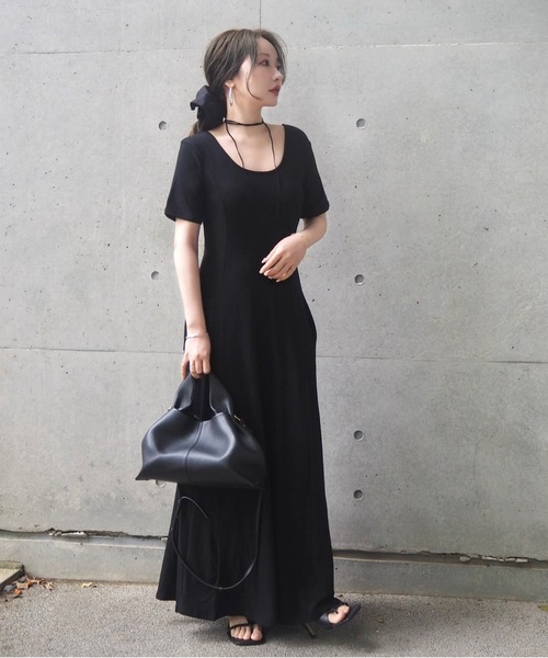 ワンピース 半袖 back strap tuck flare long dress /バックストラップ