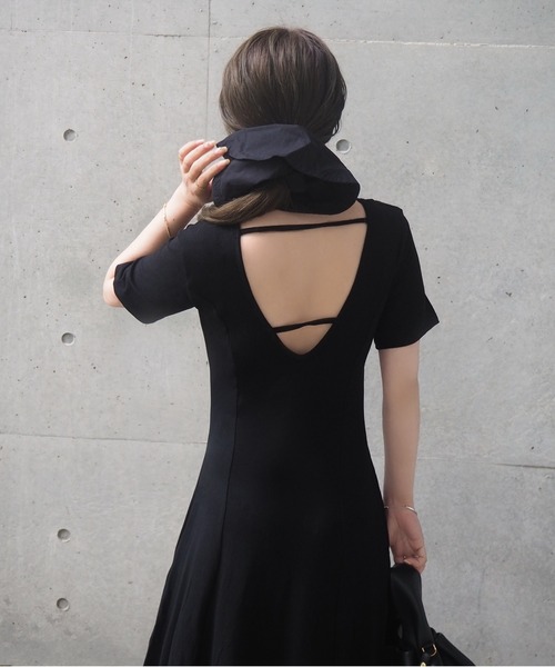 ワンピース 半袖 back strap tuck flare long dress /バックストラップ