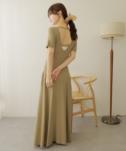 ワンピース back strap tuck flare long dress /バックストラップ 
