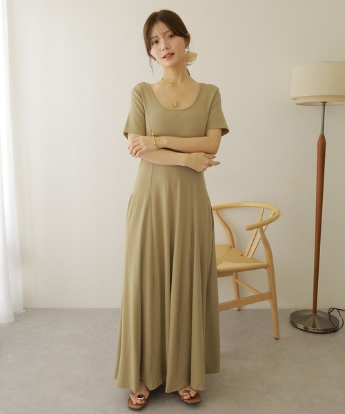 エブール　ピンタック 半袖 ロングワンピース ベージュ ワンピース 半袖 back strap tuck flare long dress /バックストラップ