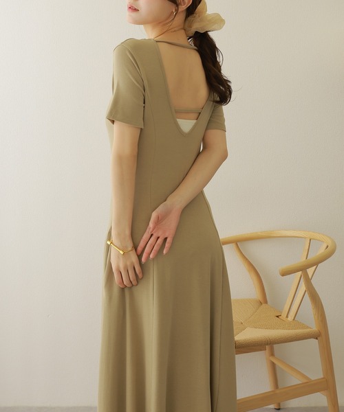 ワンピース 半袖 back strap tuck flare long dress /バックストラップ