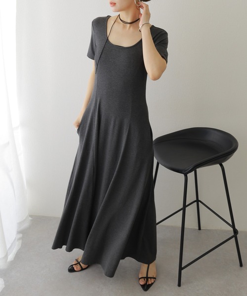 ワンピース 半袖 back strap tuck flare long dress /バックストラップ