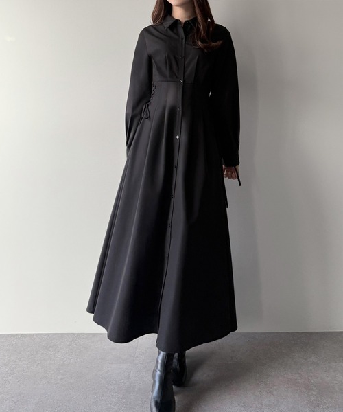 mipiarl シャツワンピース レースアップタックフレアシャツワンピース