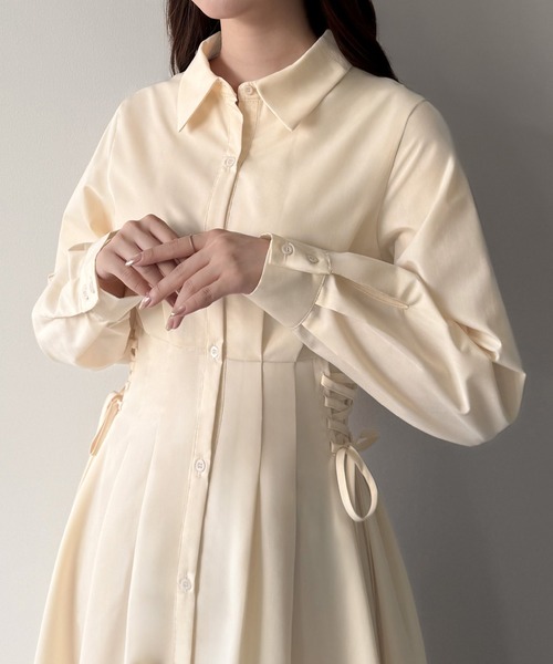 mipiarl シャツワンピース レースアップタックフレアシャツワンピース