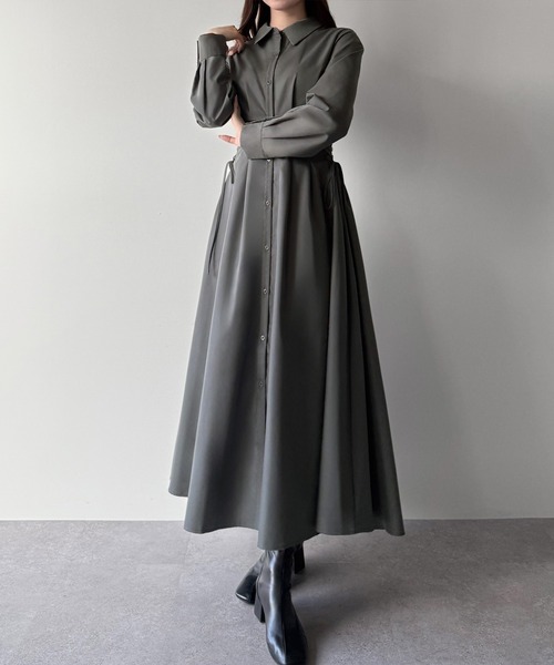 RHC ギャザー　フレア　ワンピース　チャコールグレー　シャツワンピ mipiarl シャツワンピース レースアップタックフレアシャツワンピース