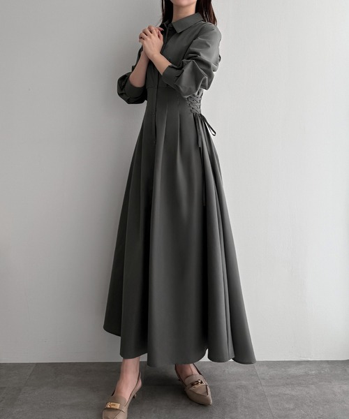 mipiarl シャツワンピース レースアップタックフレアシャツワンピース