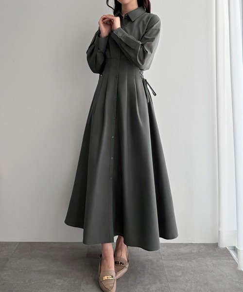 mipiarl シャツワンピース レースアップタックフレアシャツワンピース