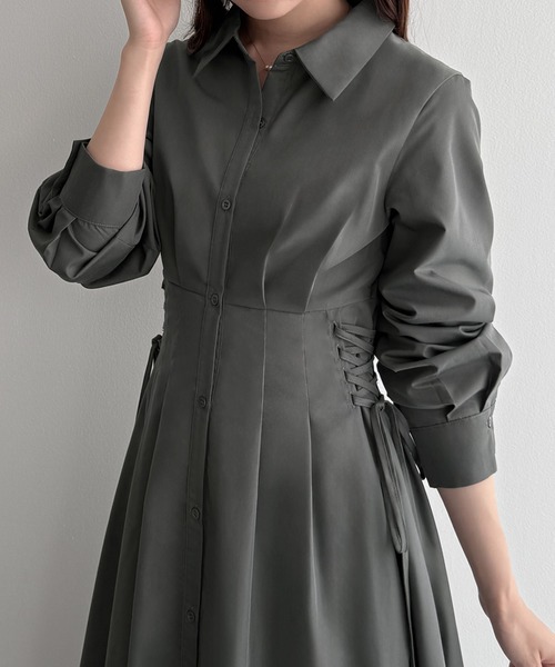 mipiarl シャツワンピース レースアップタックフレアシャツワンピース