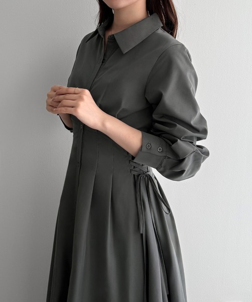 mipiarl シャツワンピース レースアップタックフレアシャツワンピース