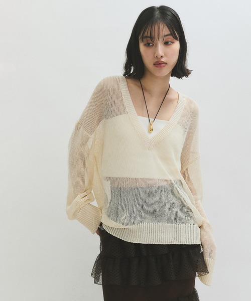 tシャツ シアーVネックトップス レディース